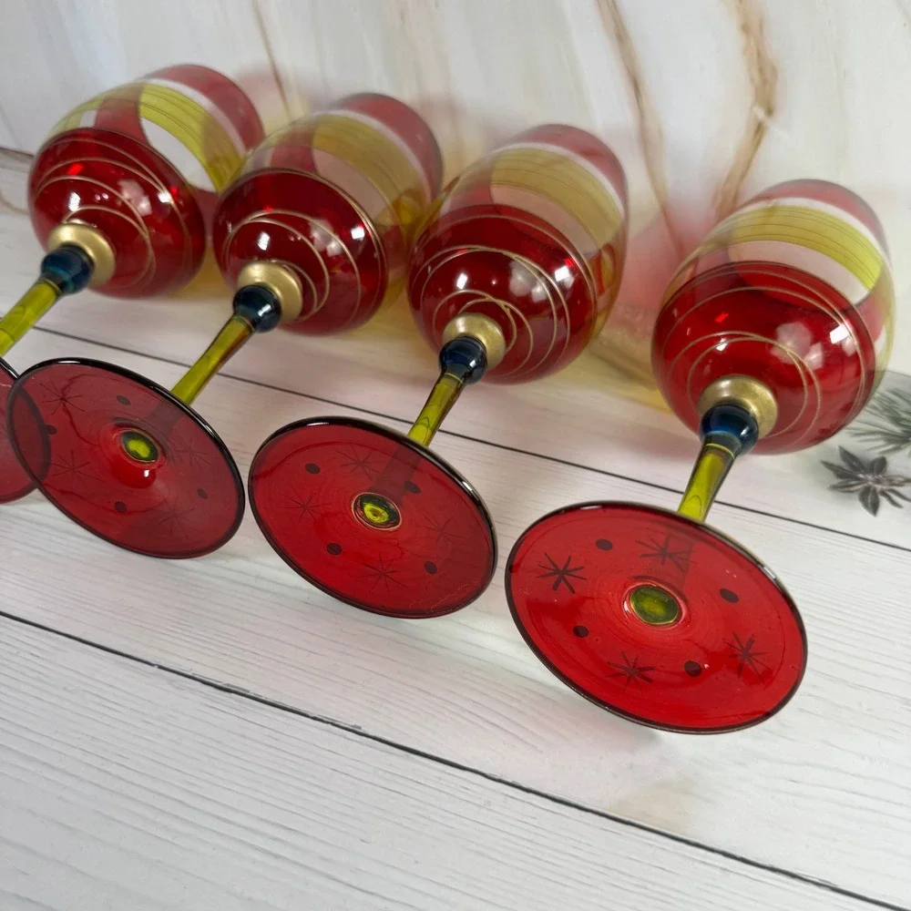 Wine Glasses Set of 4 Red Lime Green Hand Painted Starburst Festive Holidays